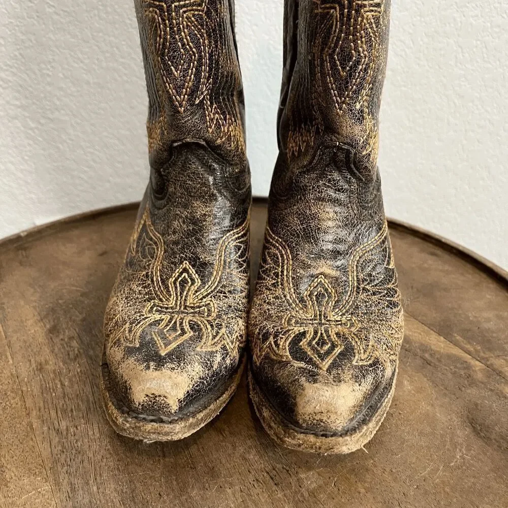 Corral Boots Teens Wing & Gross Brown Gold Western Cowboy Boots Youth Size 2
